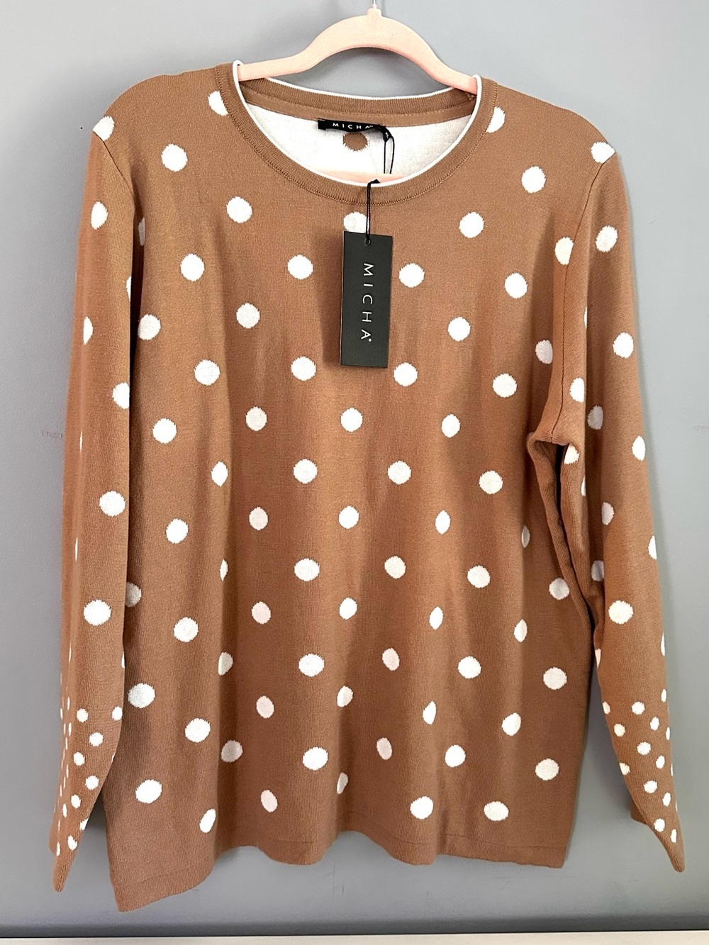 MICHA - NWT Women’s, Camel & White Polka Dot Sweater, Long Sleeve, Sz XL